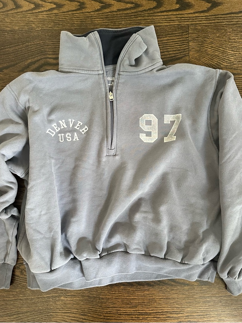 Hollister Men's Light Gray Half-Zip Sweatshirt with 'Denver USA' & 97